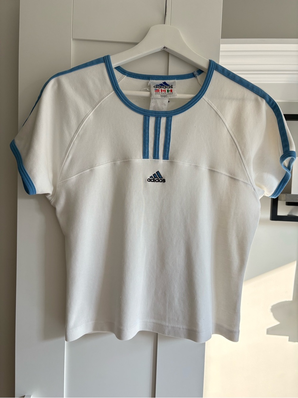Adidas Vintage White Tee with Light Blue Trim Short Sleeve